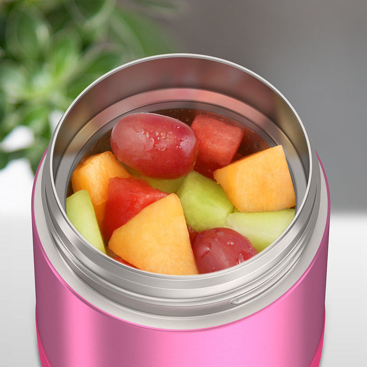 10oz Funtainer food jar with snack top, Pink with assorted fruit inside.