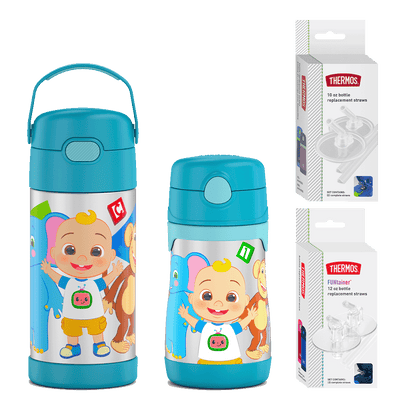 Cocomelon 12oz Water Bottle & 10oz Water Bottle with Extra Straws Bundle