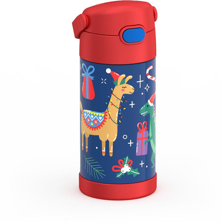 12 ounce stainless steel FUNtainer water bottle, ISO view, handle down, animal presents.