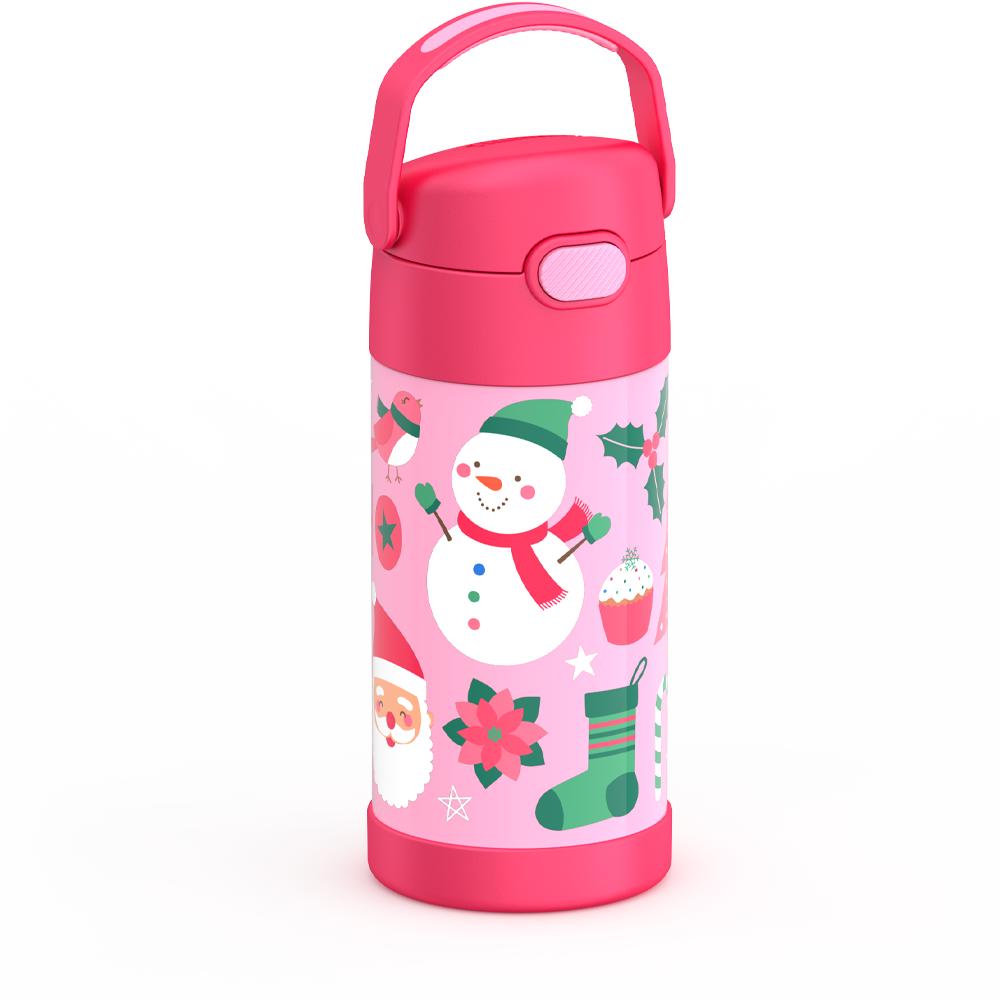 12 ounce stainless steel FUNtainer bottle, ISO view, pink snowman