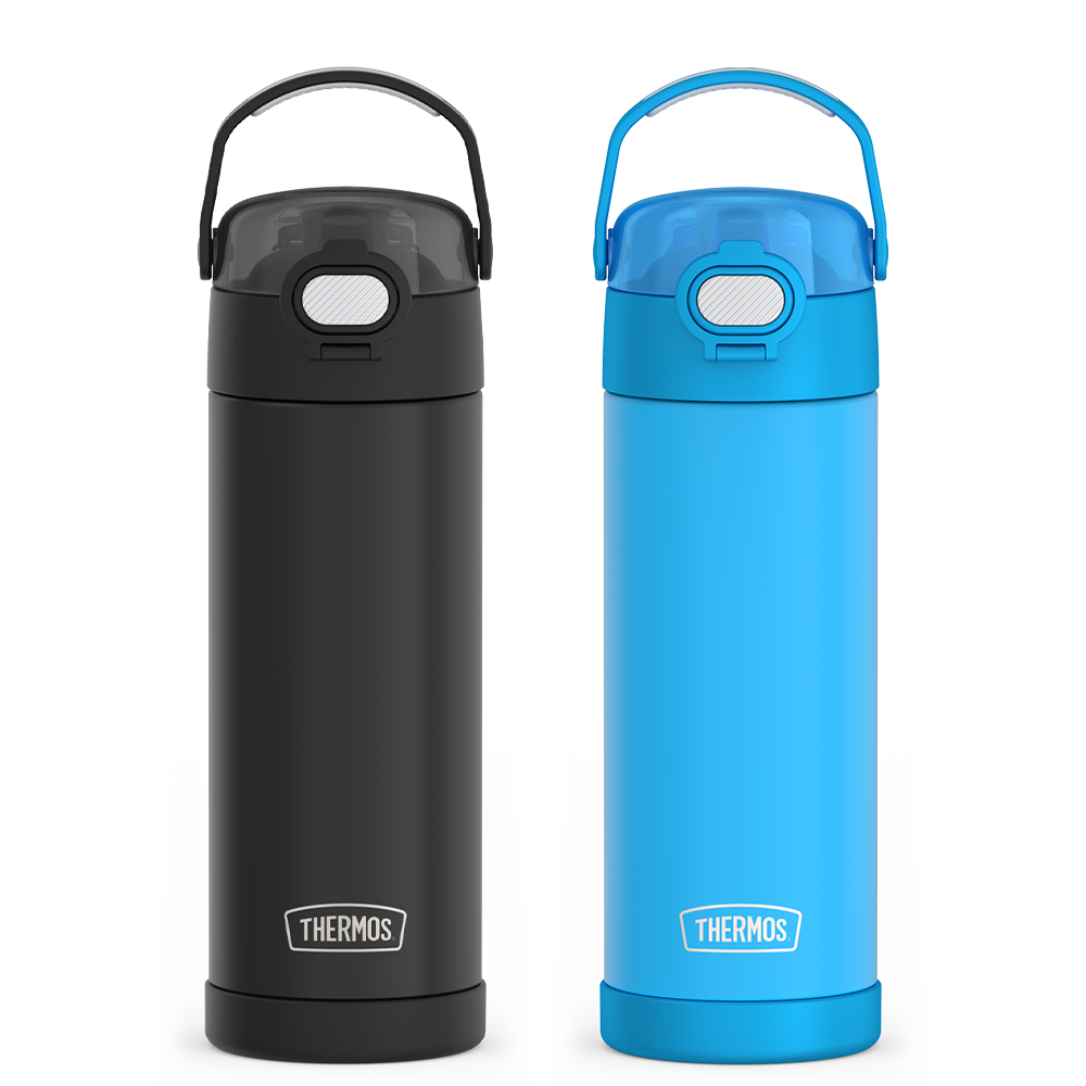 Black and blue Thermos 16oz water bottles on a white background