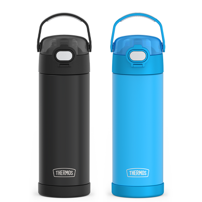 Black and blue Thermos 16oz water bottles on a white background