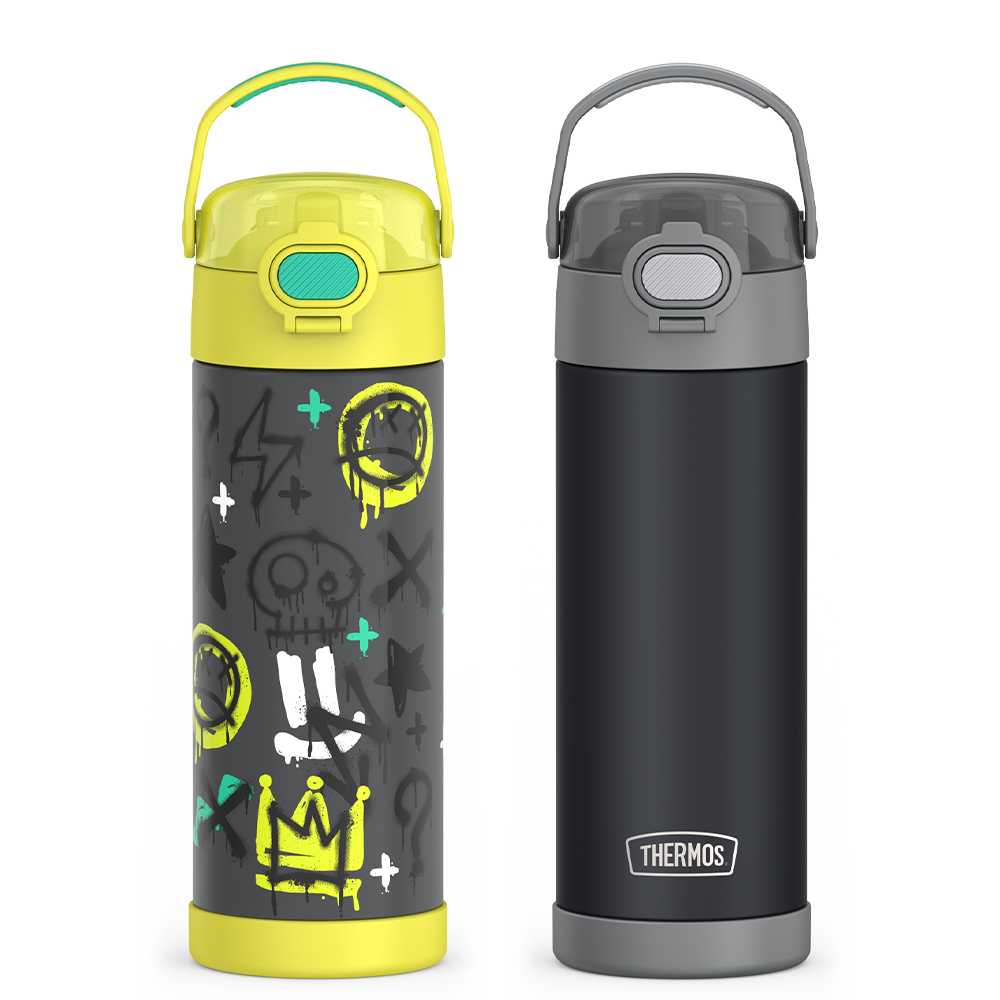 Two Thermos 16oz Funtainer water bottles, one with a colorful design and yellow lid, the other black with gray lid, on a white background.