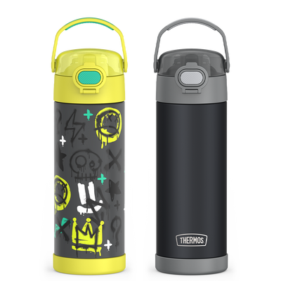 Two Thermos 16oz Funtainer water bottles, one with a colorful design and yellow lid, the other black with gray lid, on a white background.