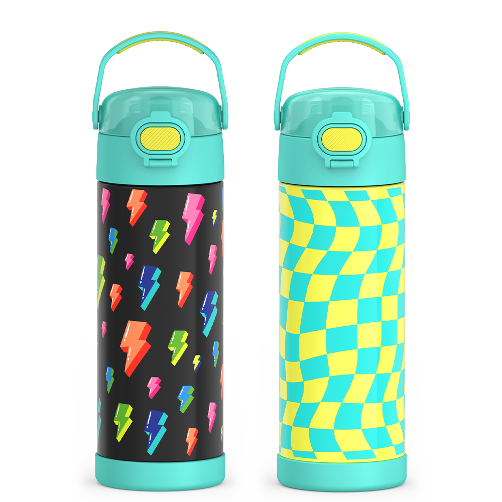 16oz FUNtainer Water Bottles with Locking Lids Lightning Bolt & Wavy Checkers Teal Bundle