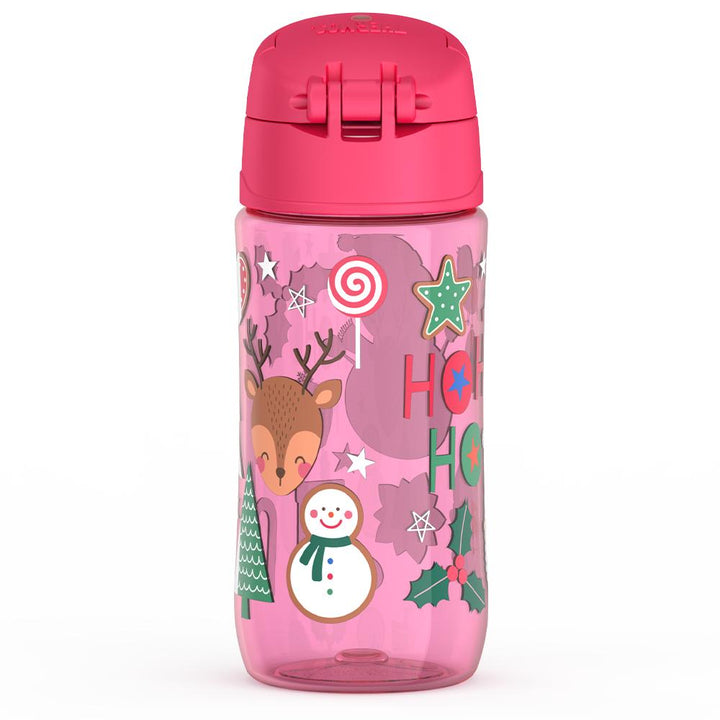 16 ounce tritan water bottle, back view, pink snowman.