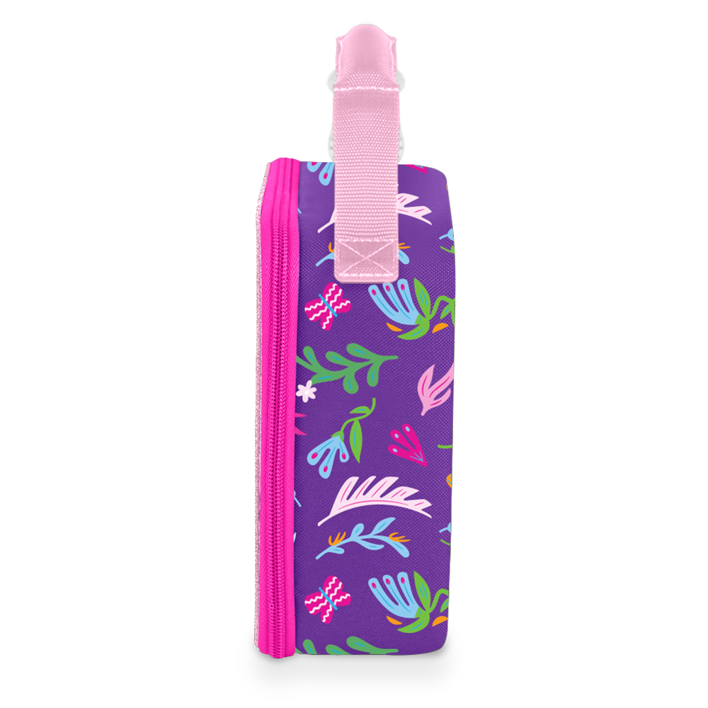A purple zippered pouch with a pink handle and a colorful botanical pattern, shown against a plain white background.