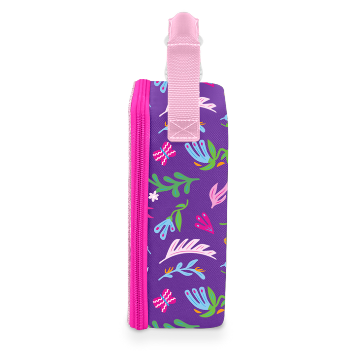 A purple zippered pouch with a pink handle and a colorful botanical pattern, shown against a plain white background.
