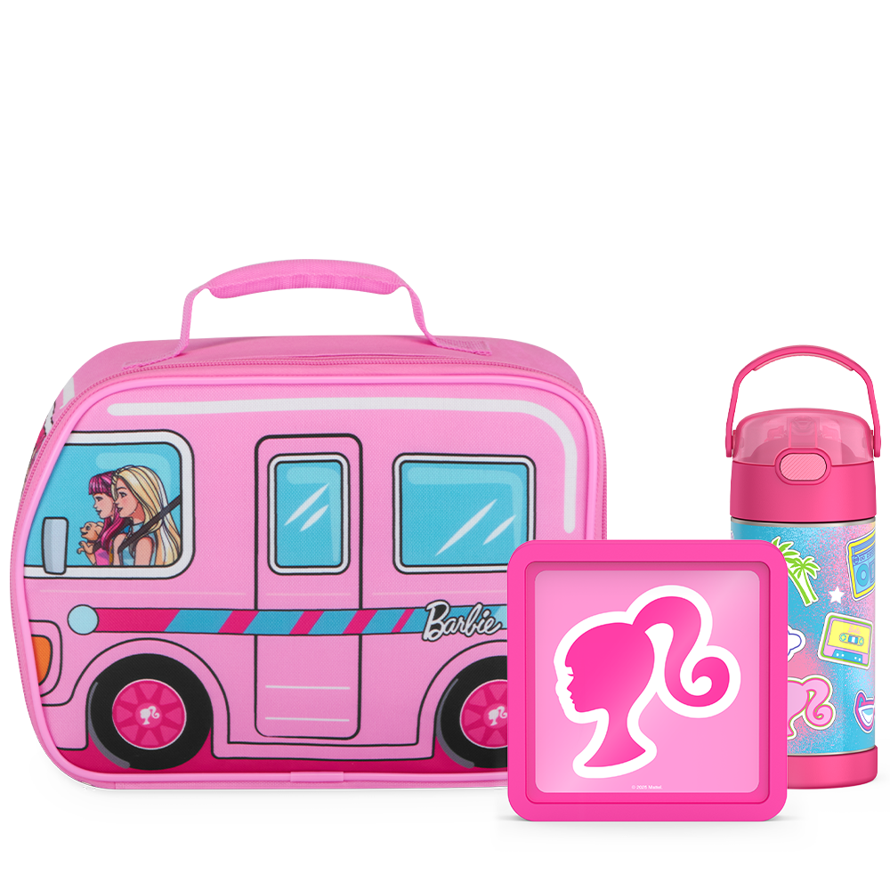 Barbie Bundle - Novelty Barbie Camper Lunch Box, 12oz. FUNtainer Water Bottle and Hard Ice