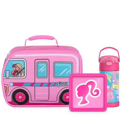 Barbie Bundle - Novelty Barbie Camper Lunch Box, 12oz. FUNtainer Water Bottle and Hard Ice