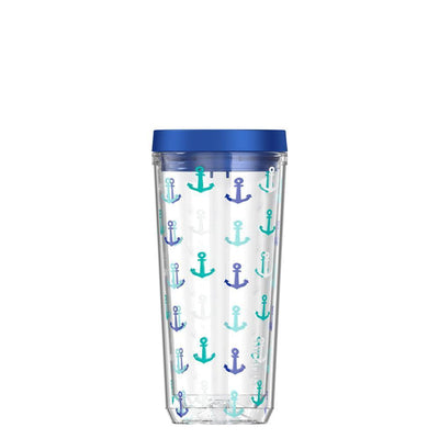 16 ounce double wall tumbler with spout opening in blue anchor pattern. 