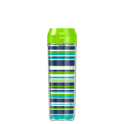 24 ounce double wall tumbler in navy and green stripes.