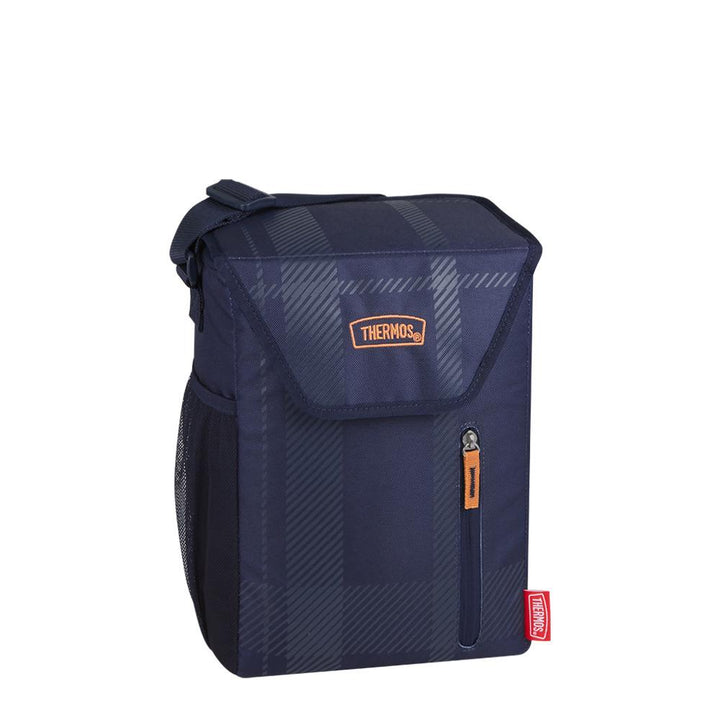 View 1 , 12 Can Cooler or Lunch Box in Navy Plaid. Folding top, front zipper pouch, and side drink pouch. 