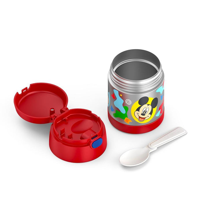 10 ounce Funtainer food jar, Mickey Mouse disassembled with lid open, but empty to show spoon compartment and spoon next to jar, unfolded.