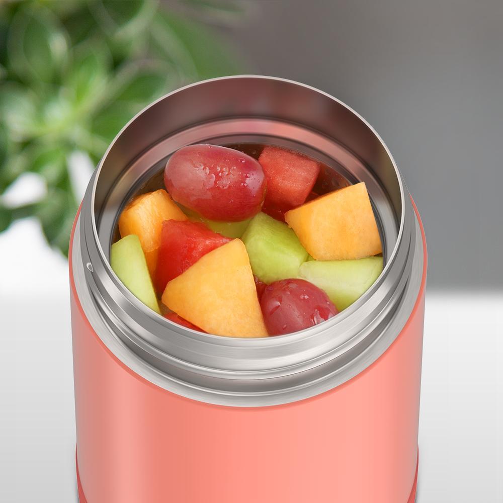 16 ounce Funtainer Kids Food Jar with snack top, Apricot with assorted fruit inside.