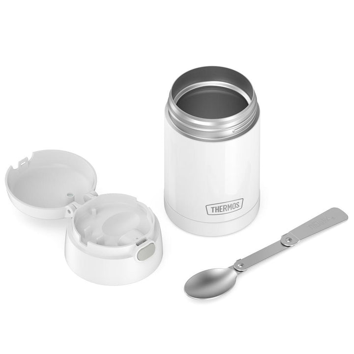 16 ounce Kids Food Jar, unassembled and spoon unfolded, White.