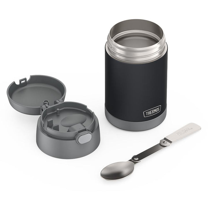 16 ounce Kids Food Jar, unassembled and spoon unfolded, Charcoal.