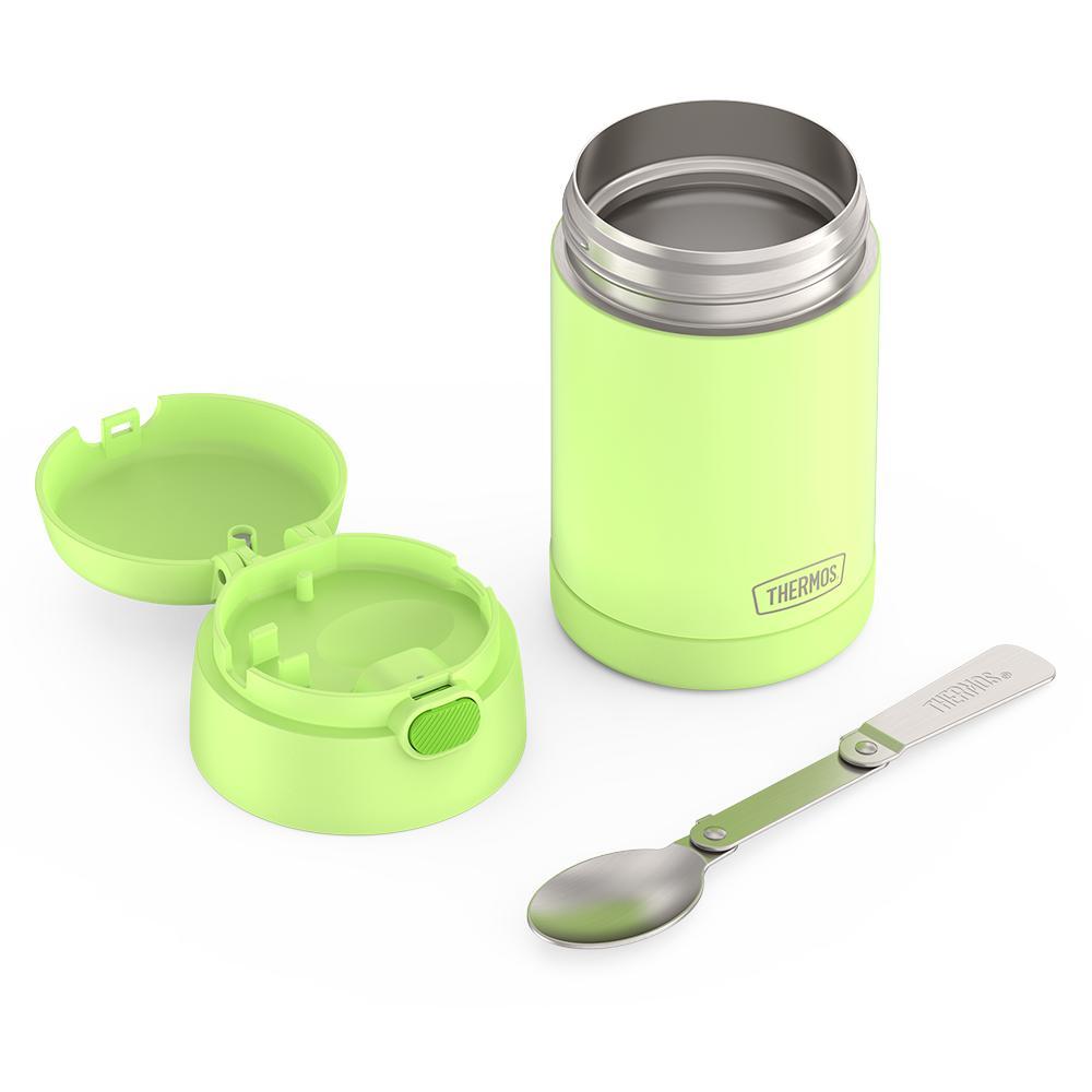 16 ounce Kids Food Jar, unassembled and spoon unfolded, Neon Lime.