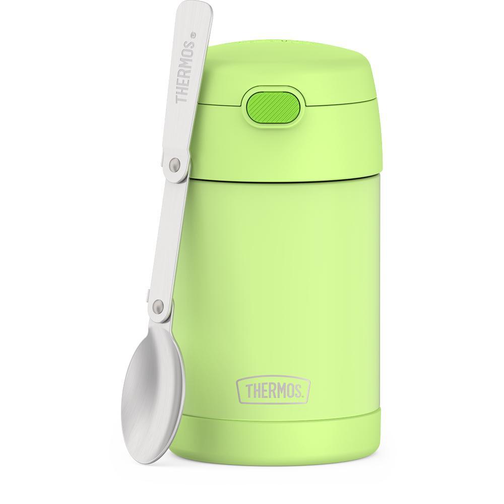 16 ounce Kids Food Jar, front view with unfolded spoon, Neon Lime.