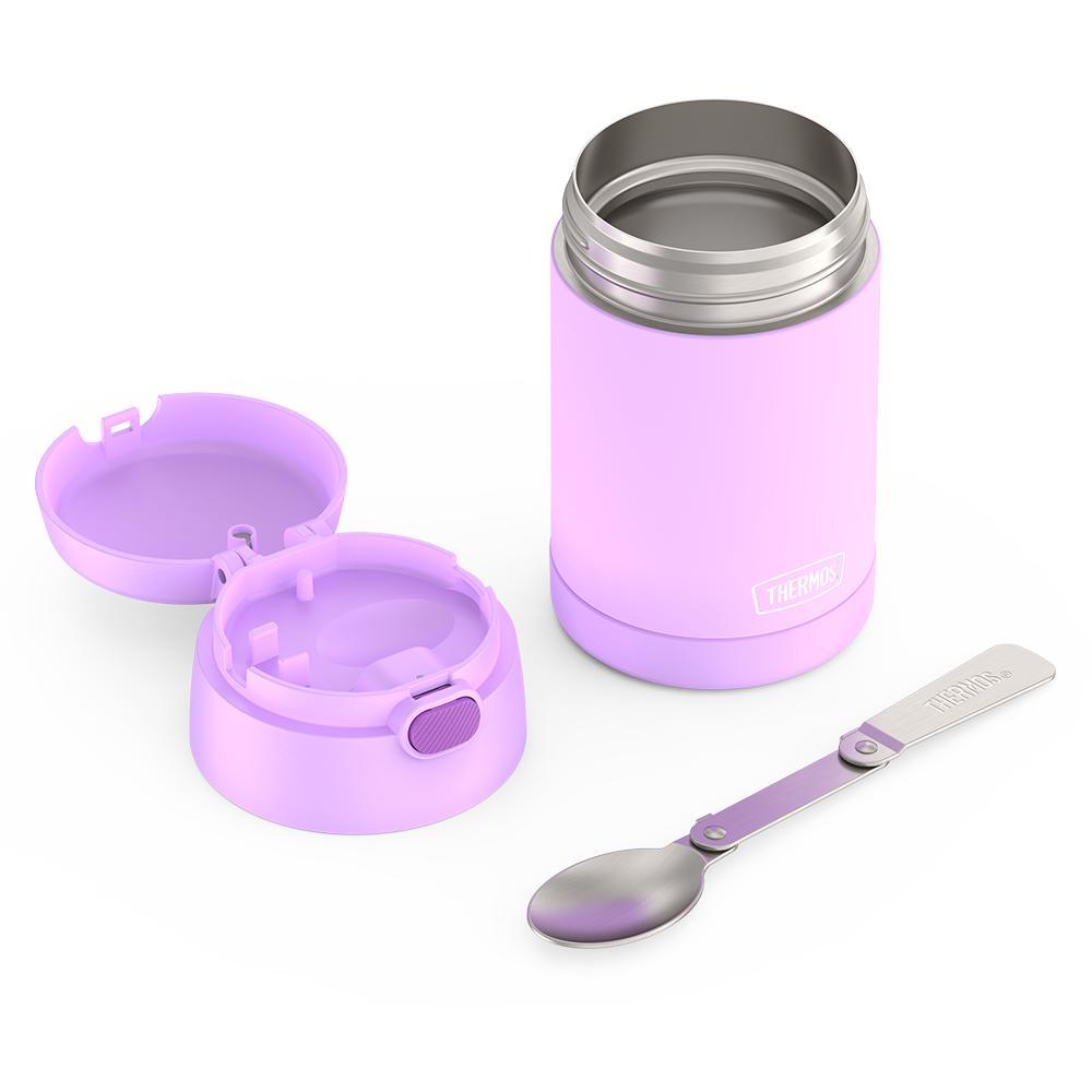 16 ounce Kids Food Jar, unassembled and spoon unfolded, Neon Purple.