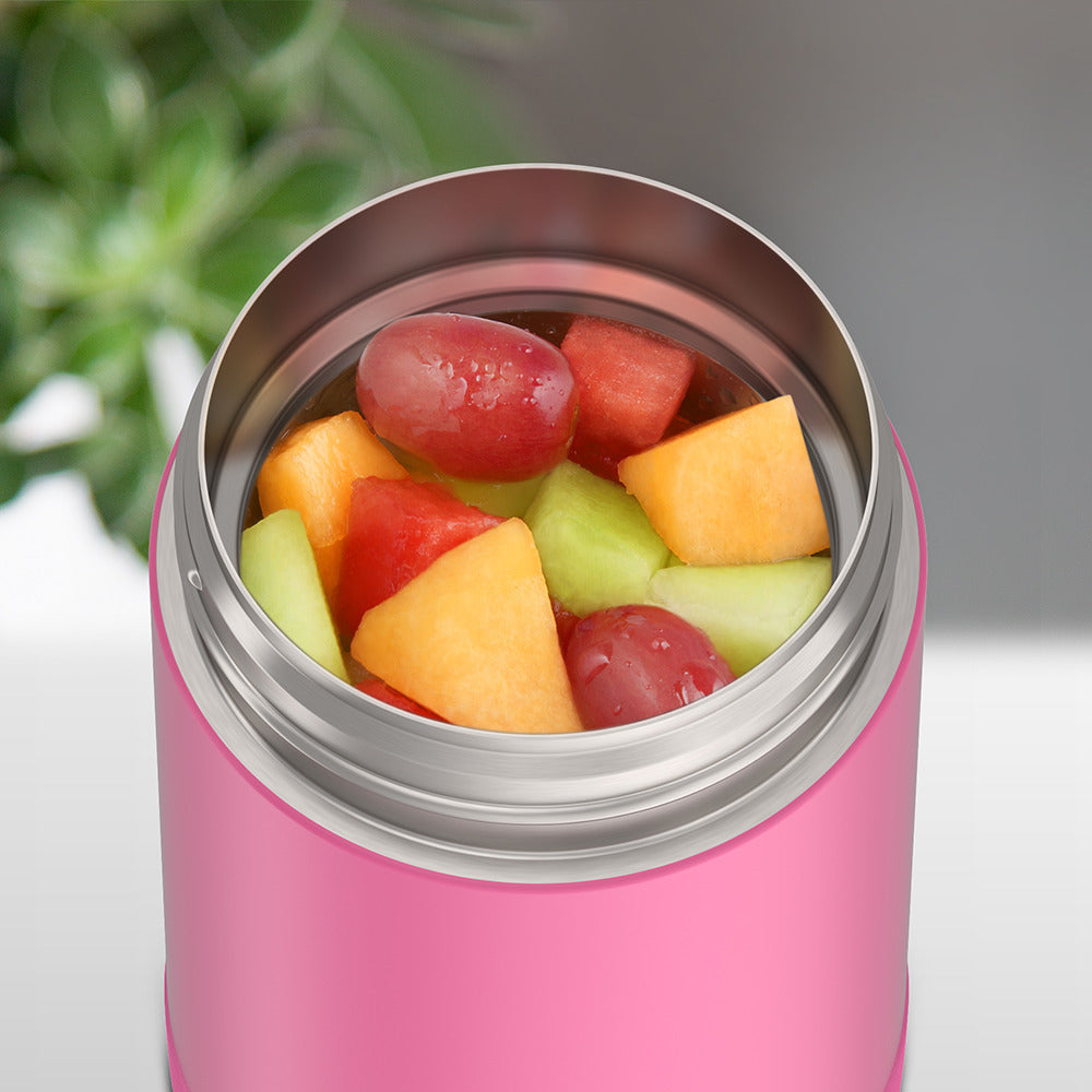 16 ounce Funtainer Kids Food Jar, Neon Pink with assorted fruit inside.