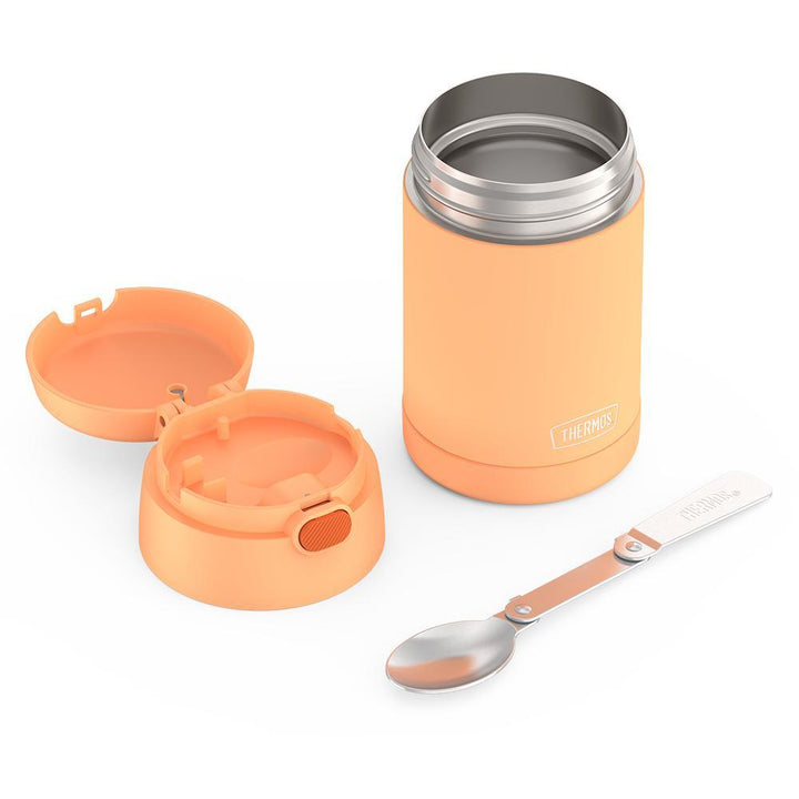 16 ounce Kids Food Jar, unassembled and spoon unfolded, Neon Orange.