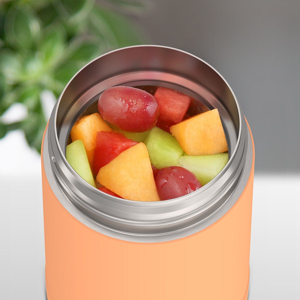 16 ounce Funtainer Kids Food Jar, Neon Orange with assorted fruit inside.