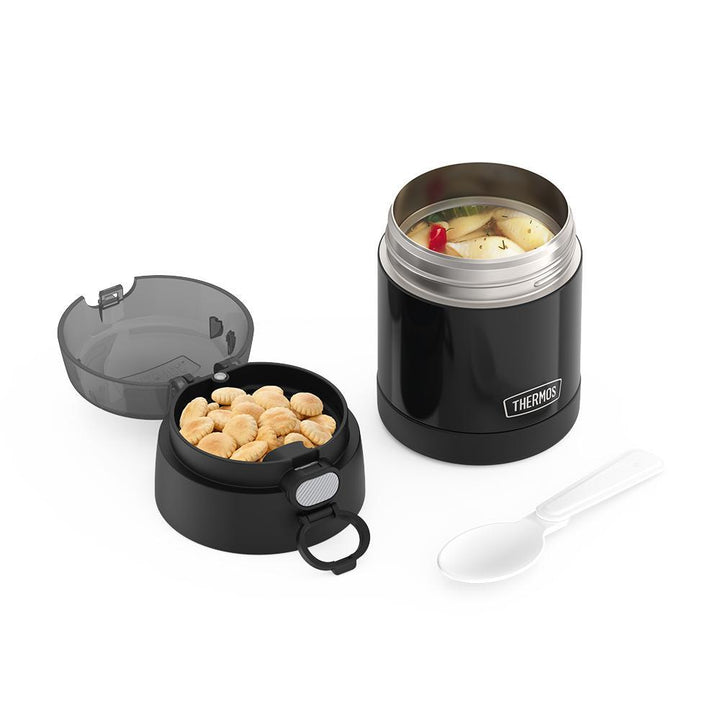 10oz Funtainer food jar with snack top, unassembled with crackers in snack top, soup in jar and spoon unfolded, Black.