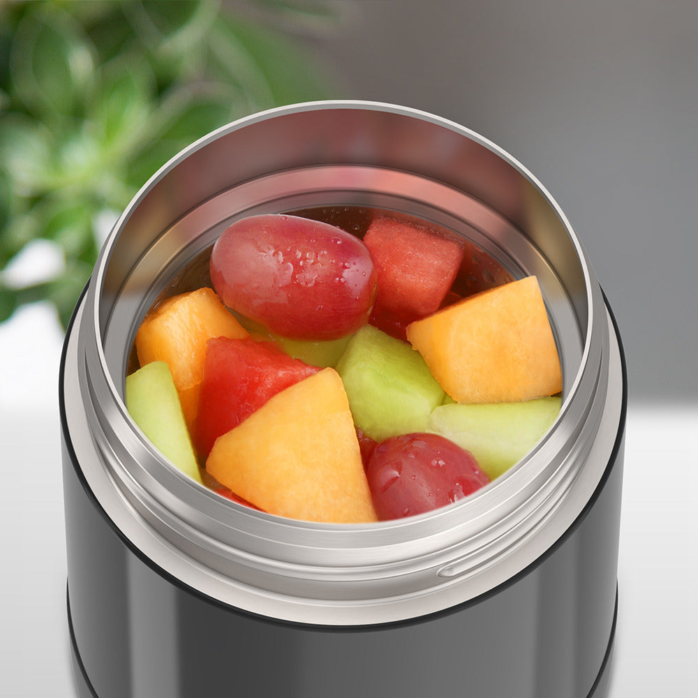 10oz Funtainer food jar with snack top, Black with assorted fruit inside.