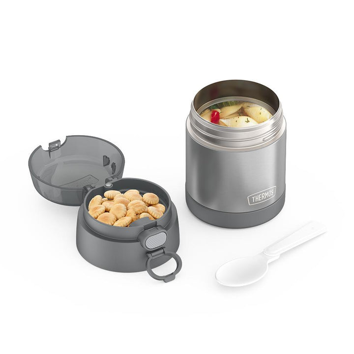 10oz Funtainer food jar with snack top, unassembled with crackers in snack top, soup in jar and spoon unfolded, Grey.