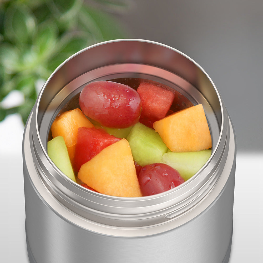 10oz Funtainer food jar with snack top, Grey with assorted fruit inside.