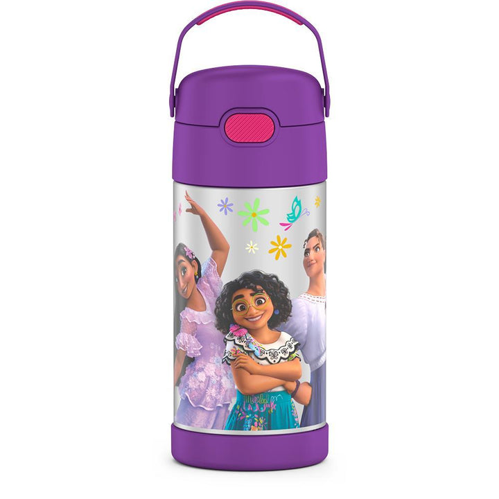 12 ounce Funtainer water bottle, Encanto, front view, handle up.