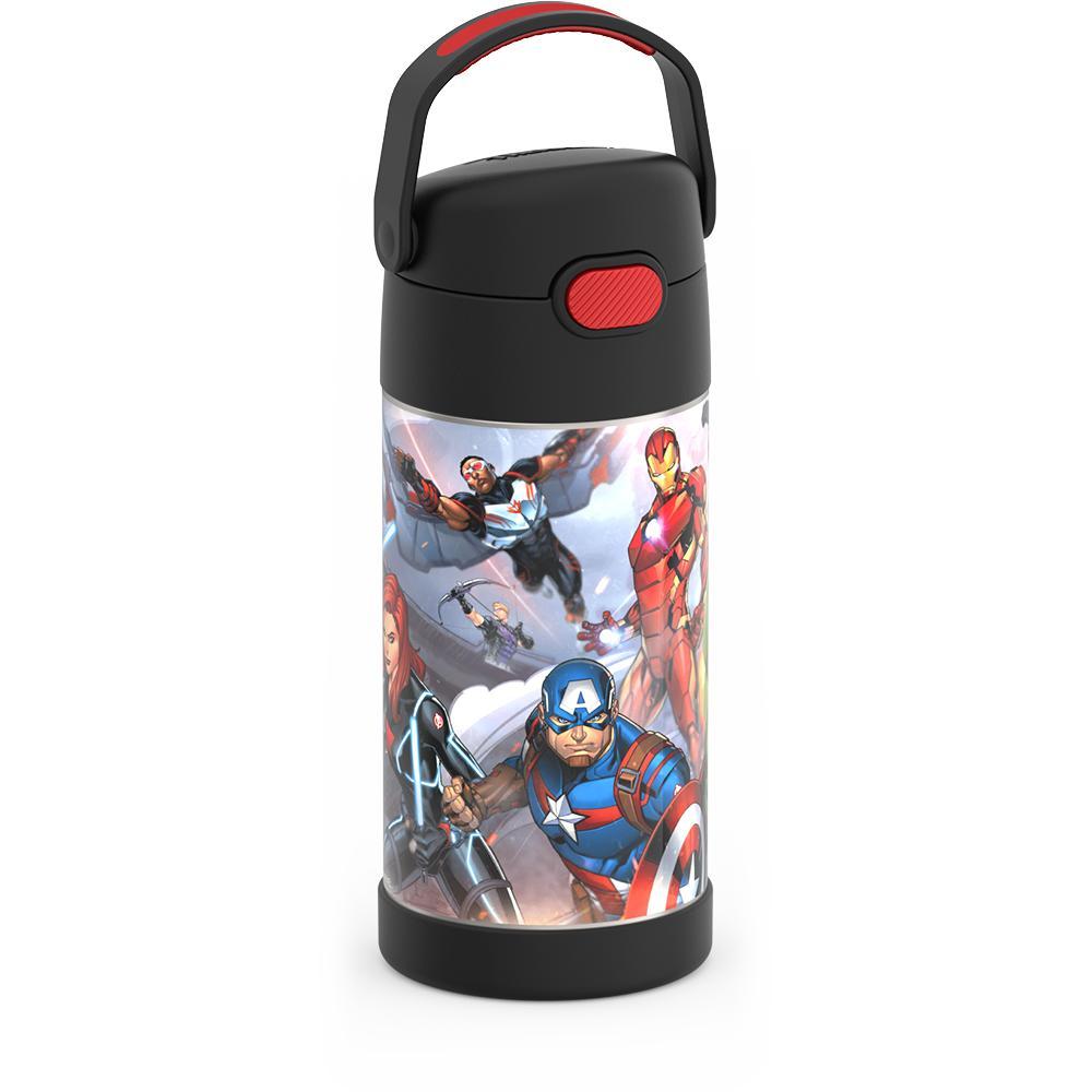 12 ounce Funtainer water bottle, avengers, side view, handle up.