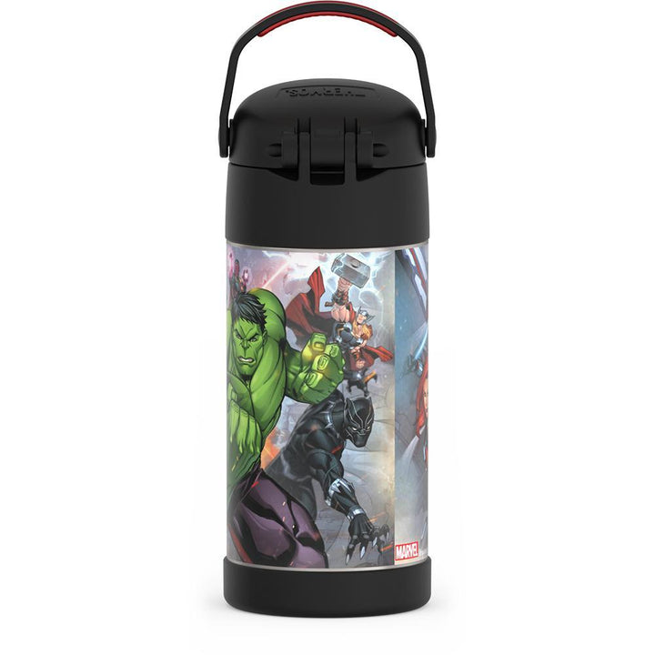 12 ounce Funtainer water bottle, avengers, back view, handle up.