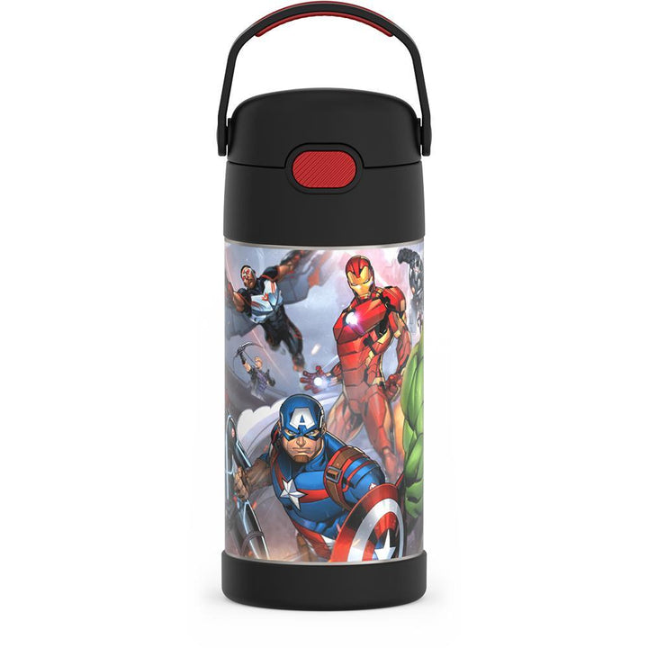 12 ounce Funtainer water bottle, avengers, front view, handle up.