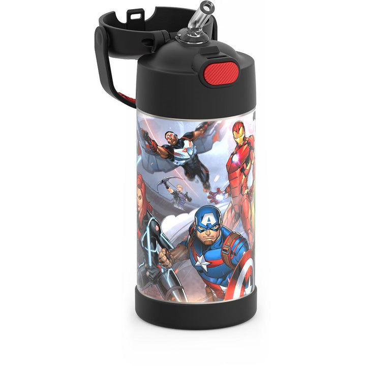12 ounce Funtainer water bottle, avengers, side view, opened to show straw.