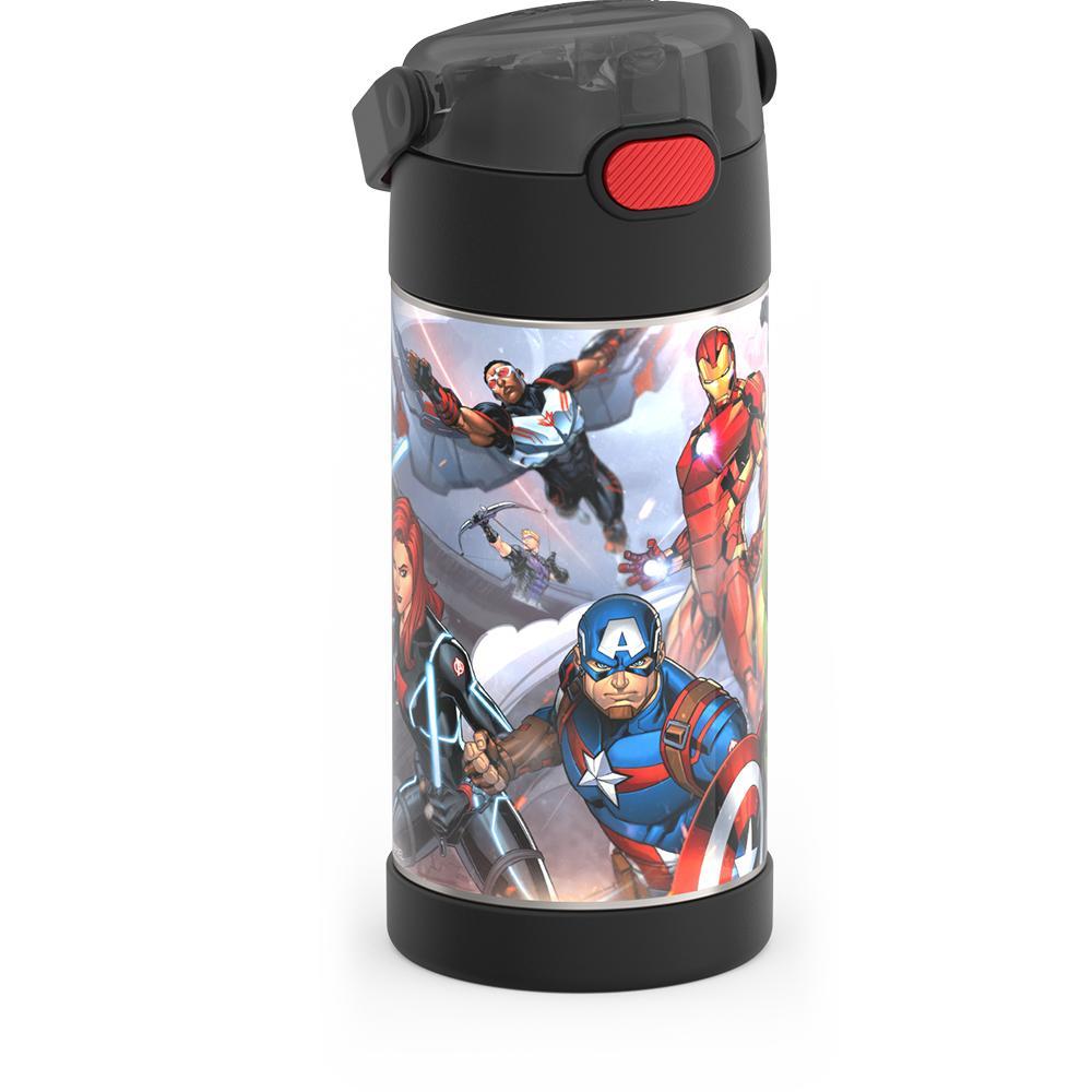 12 ounce Funtainer water bottle, Avengers, side view, handle down.