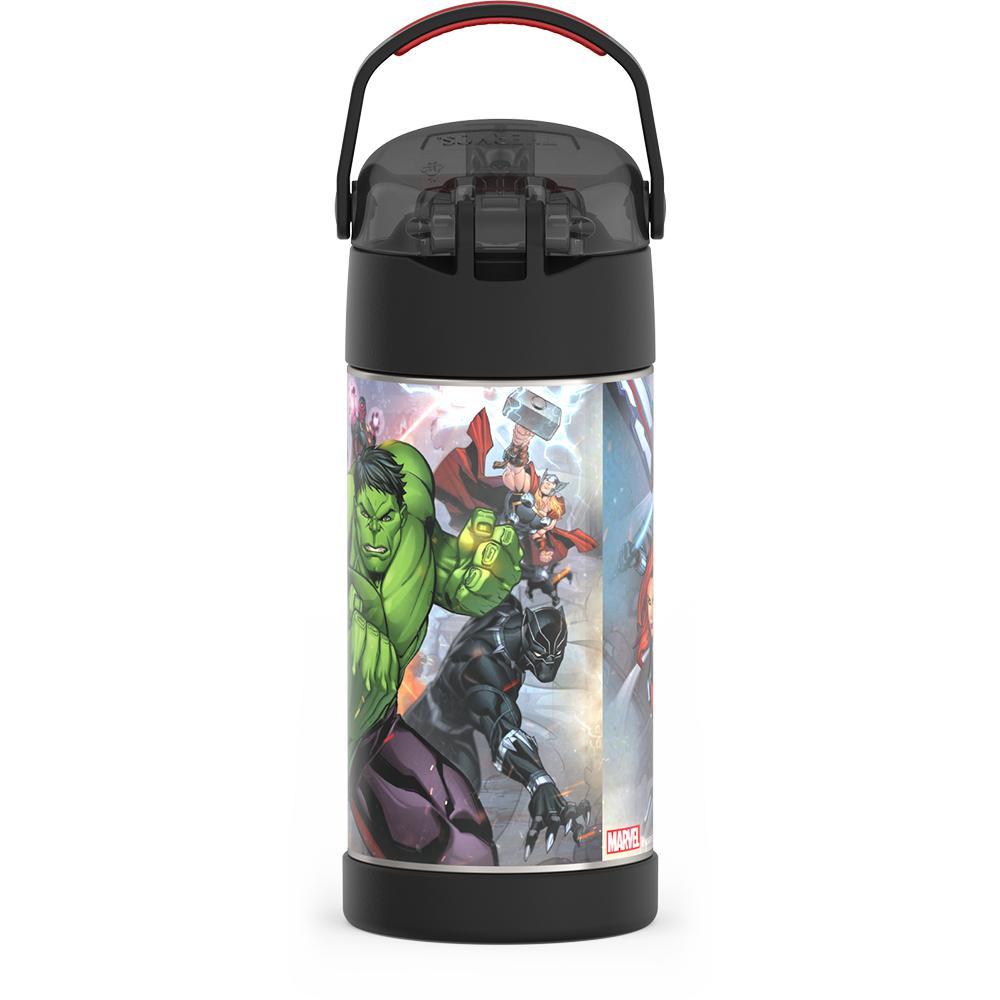 12 ounce Funtainer water bottle, back view, Avengers.