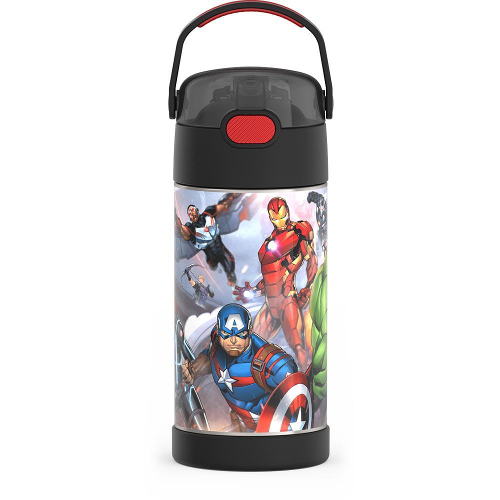 12 ounce Funtainer water bottle, Avengers, front view, handle up.