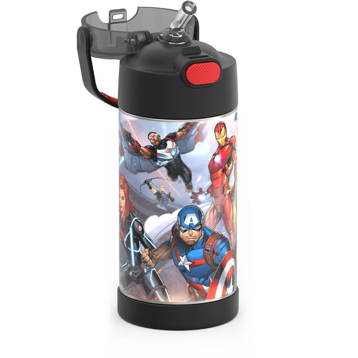 12 ounce Funtainer water bottle, Avengers, straw inset.