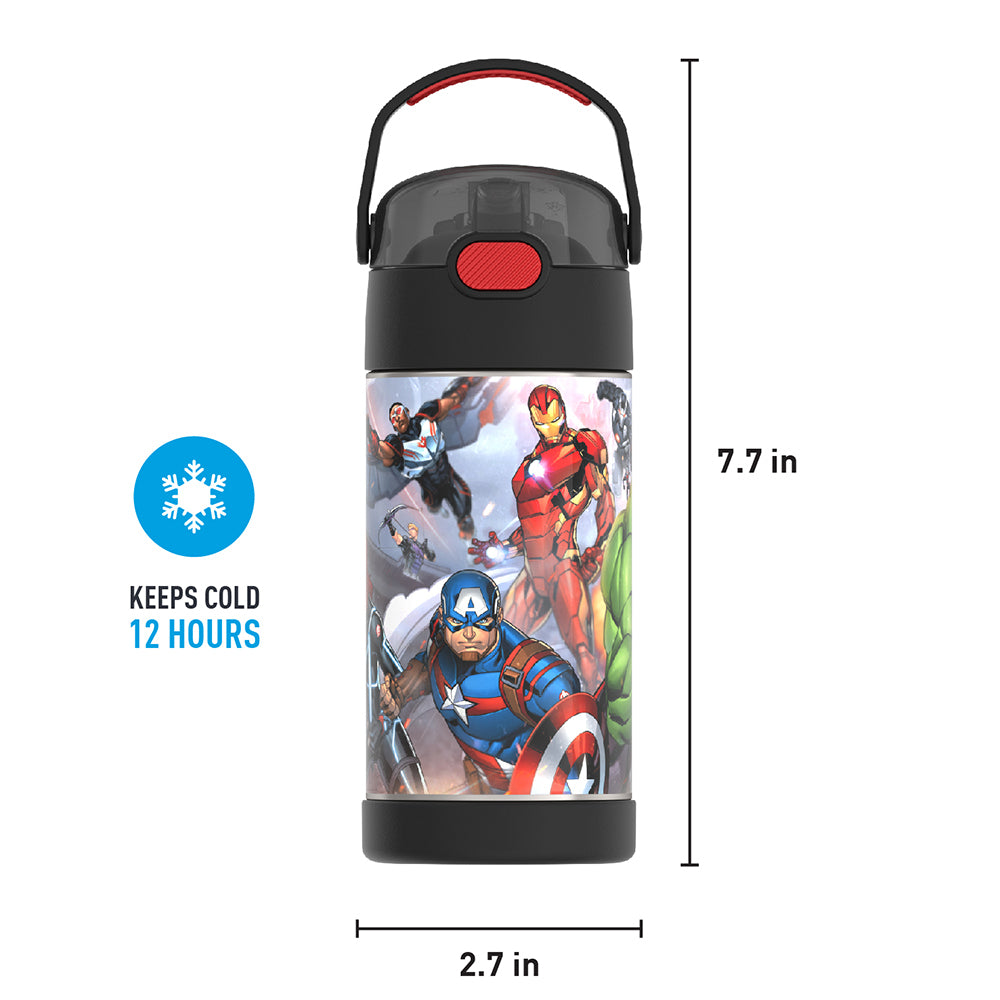 12 ounce Funtainer water bottle, Avengers, front view with handle up. 7.7 inches tall, 2.7 inches wide at base. Keeps Cold 12 Hours.