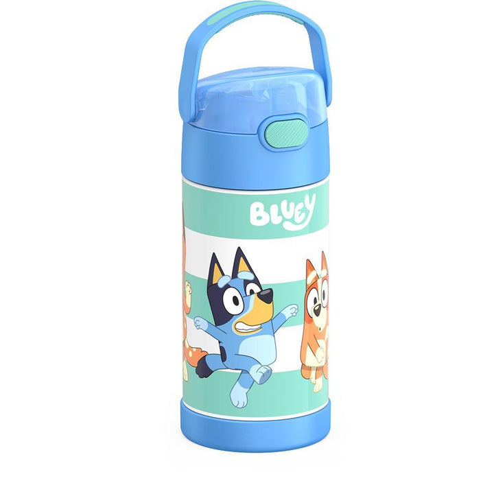 12 ounce Funtainer water bottle, side view, handle up, Bluey and Bingo.