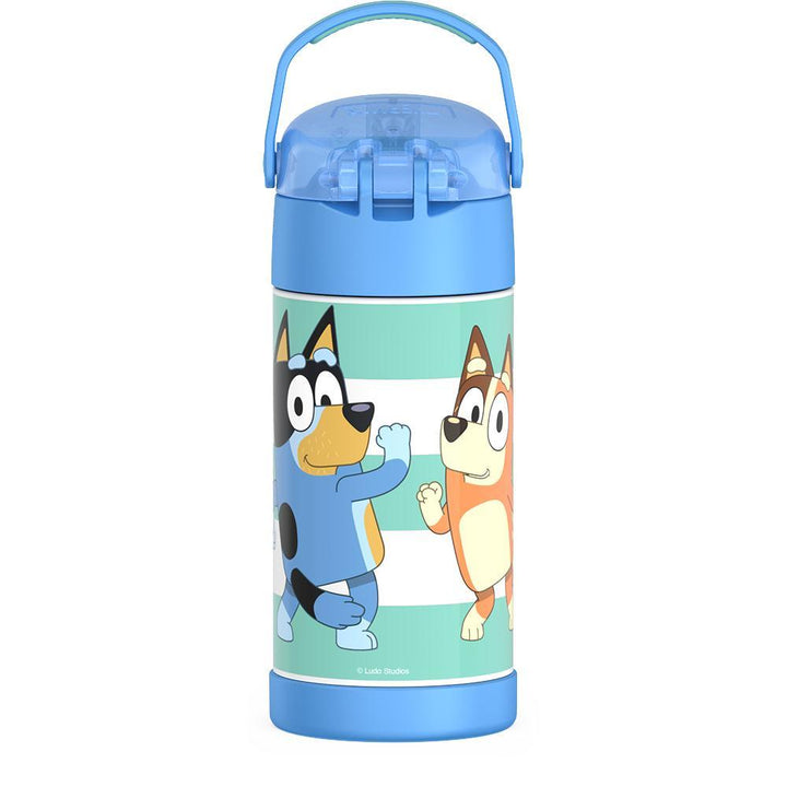 12 ounce Funtainer water bottle, back view, Bluey featuring Bandit and Chili.