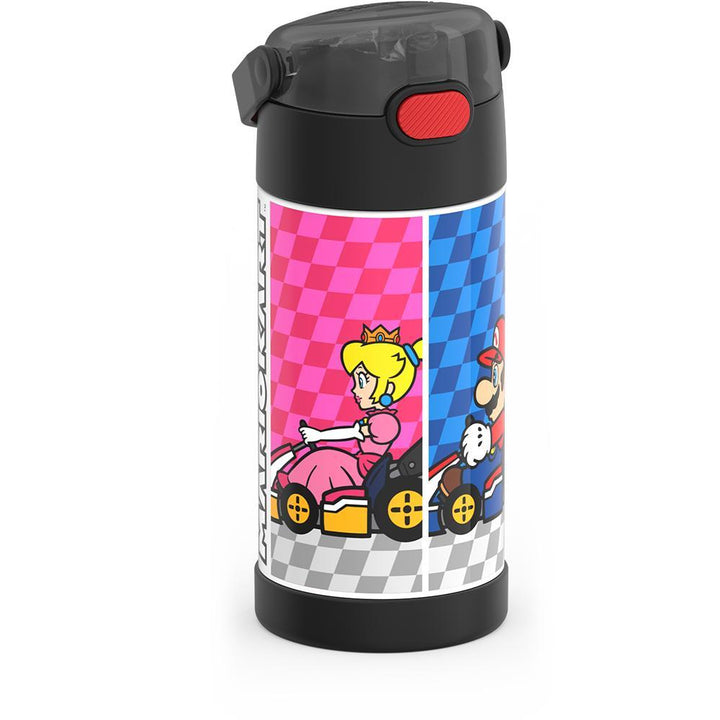 12 ounce Funtainer water bottle, Mario Kart, side view, handle down.