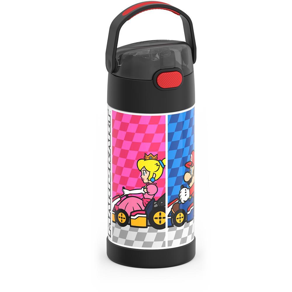 12 ounce Funtainer water bottle, side view, handle up, Mario Kart.