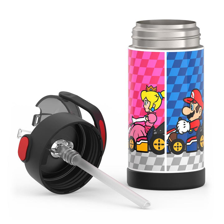 12 ounce Funtainer water bottle, Mario Kart, unassembled - lid removed.