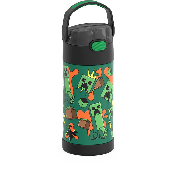 12 ounce Funtainer water bottle, side view, handle up, Minecraft.