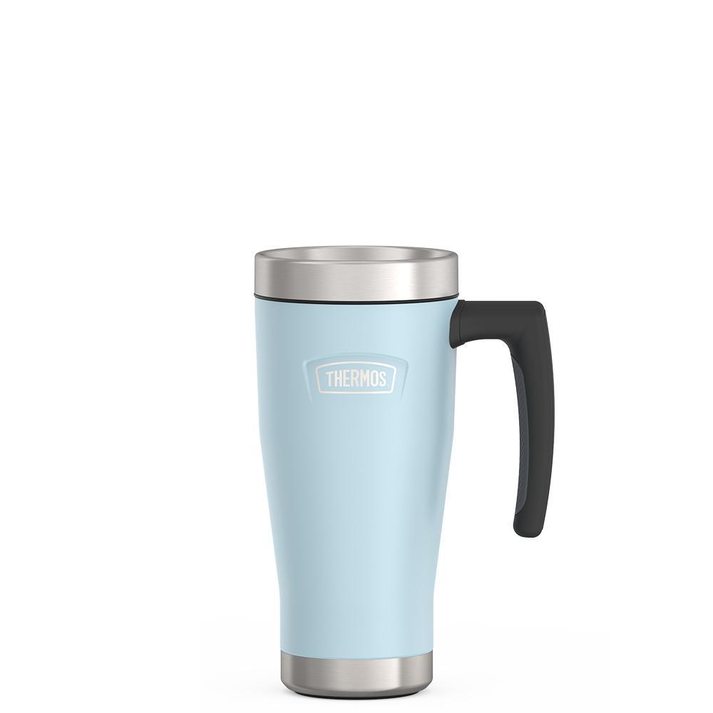 Thermos 16 ounce Stainless Steel Mug with handle, front view, Glacier Blue.