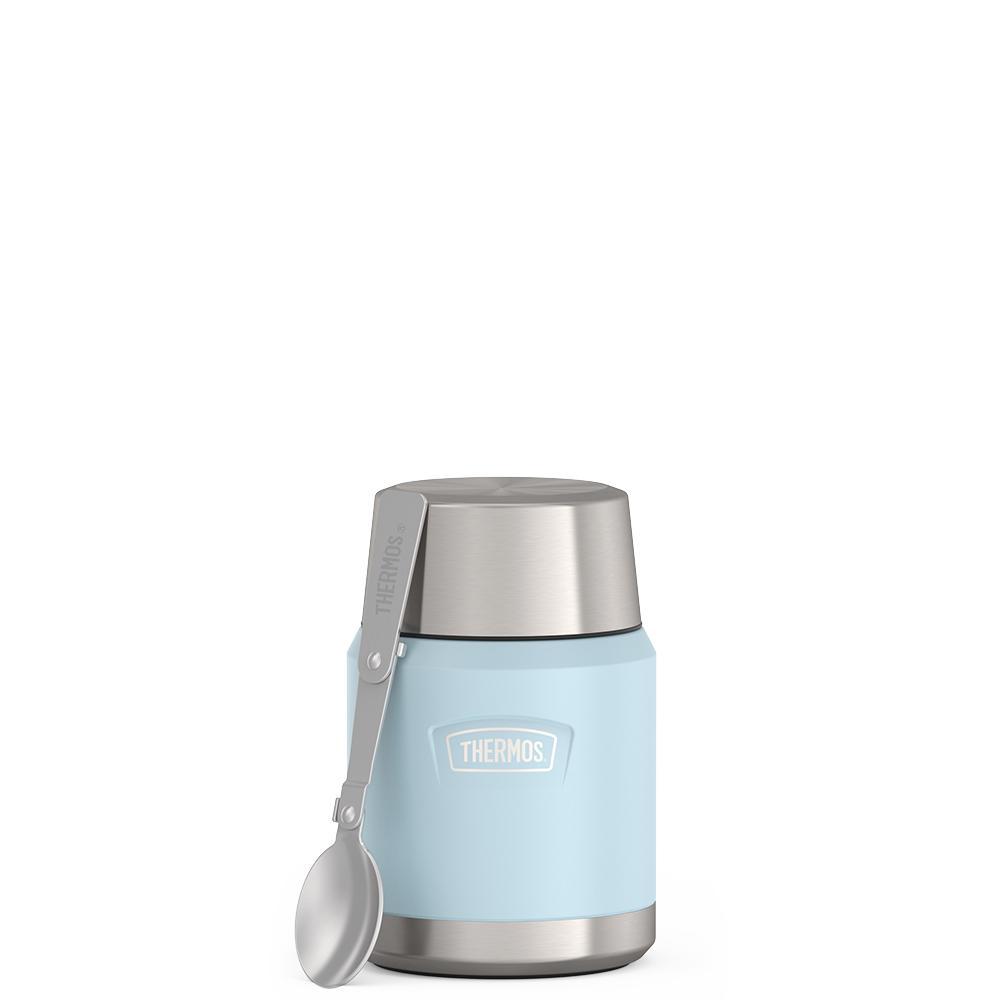 16 ounce Thermos Food Jar with stainless steel spoon, front view, spoon unfolded and leaning on the food jar, Glacier Blue.