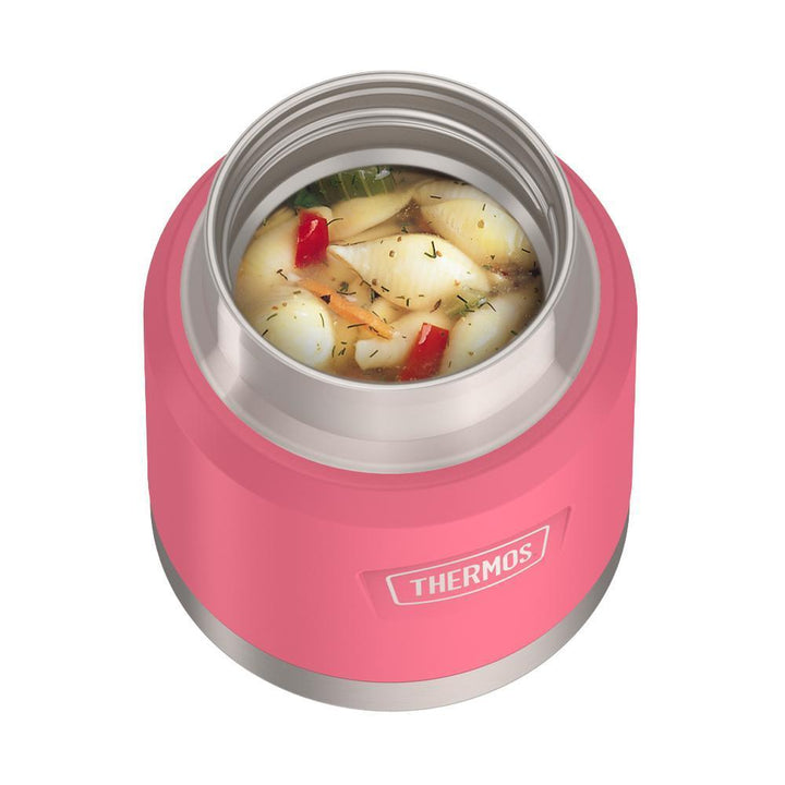 12 ounce Icon Kids Food Jar, Pink with noodle soup inside.